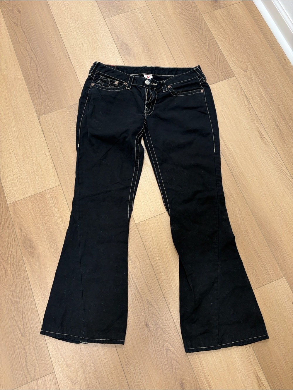 True Religion Black Flare Jeans with Contrast Stitching